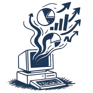 A hand drawn image of a old style computer with charts and graphs coming from it. The image highlights one of the services an SEO Copywriter performs.