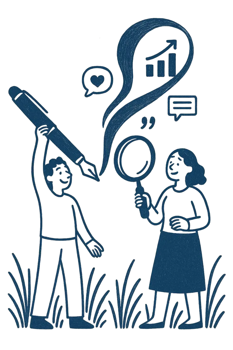 Two characterised people standing holding an oversized pen and magnifying glass. The image highlights one of the services an SEO Copywriter performs.