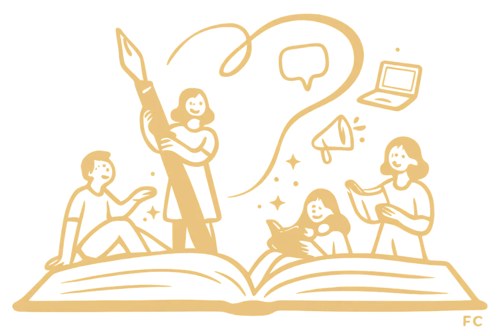 A cartoon illustration of four people standing on an open book. One is holding a large pen. The image highlights one of the services an SEO Copywriter performs.